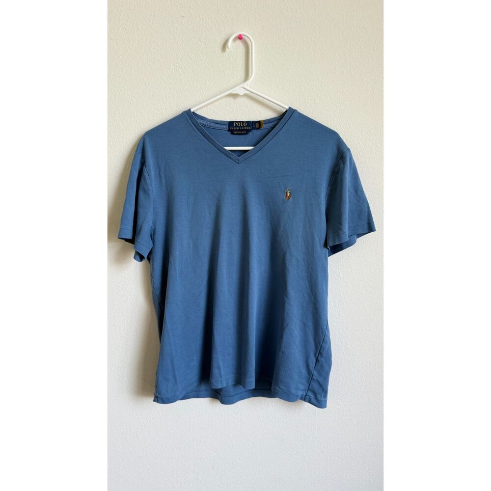 Polo Ralph Lauren Mens Large Custom Slim Fit Blue V Neck T Shirt Multicolor Pony
